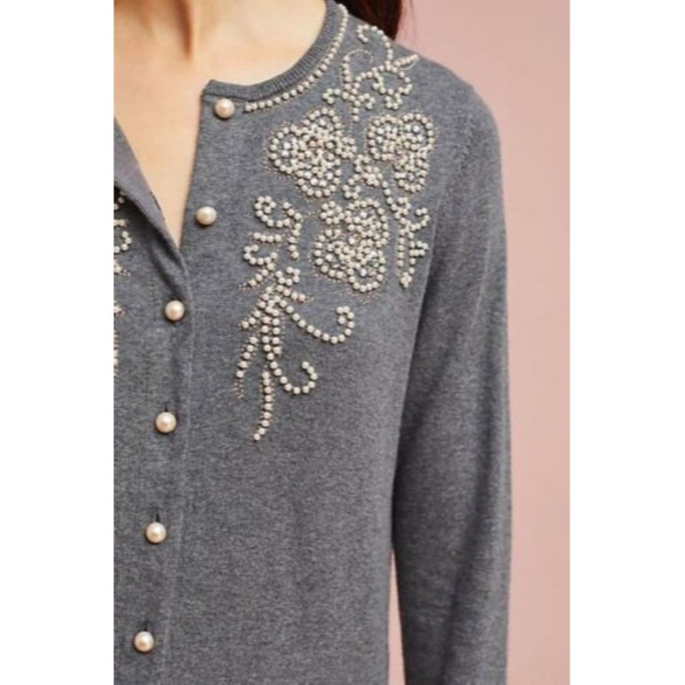 New Anthropologie Pearl Embellished Gray Cardigan - Picture 3 of 5